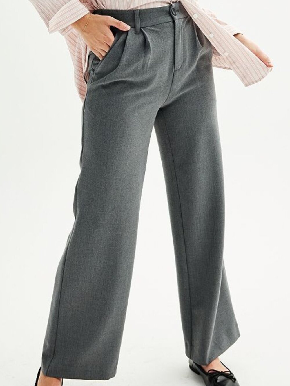 Junior's SO High Rise Pleated Front Wide Led Trousers - Charcoal - Large Long -